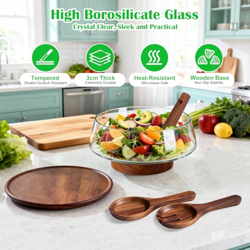 Large Glass Salad Bowl Set with Lid and Wooden Base - 5 Qt, Includes Salad Servers