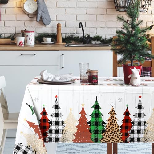 Preboun 3-Piece Christmas Tablecloth Set with Tree Pattern, Waterproof Plastic Covers