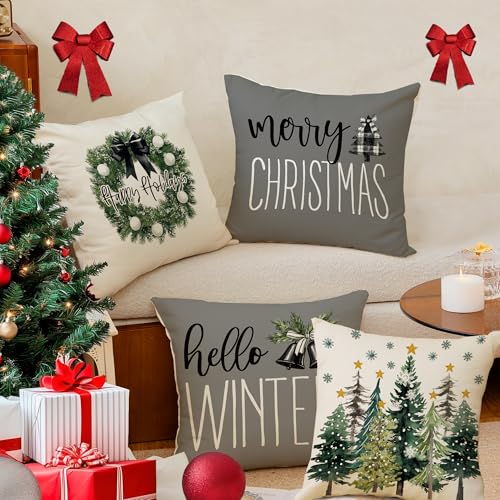 Christmas Forest Throw Pillow Covers Set 18x18 Inch - Pack of 4 - Holiday Home Decor