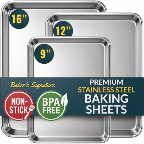Baker's Signature 3-Piece Stainless Steel Baking Sheet Set - 9, 12, 16 Inch