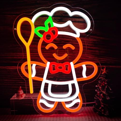 Gingerbread Neon Sign with Spoon - Lulkod, Dimmable Christmas Gingerbread Man Neon Sign for Bedroom
