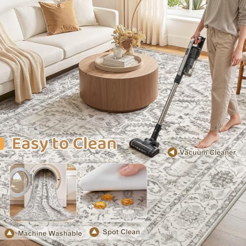 ZUNTKON 7x9 White Washable Area Rug Vintage Style Non-Slip Living Room Carpet