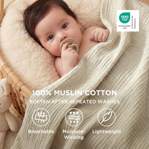 Twin XL Cotton Muslin Blanket - 4-Layer Linen Beige Bed Cover for Dorm