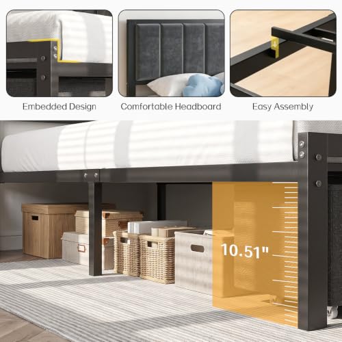 OLEVS Twin Size Bed Frame with Large Storage Drawer, Charging Station & RGB LED Lights - Dark Grey