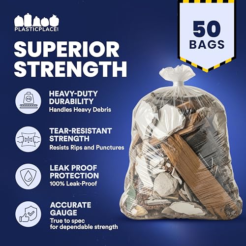 Heavy Duty 55-60 Gallon Trash Bags - Tear-Resistant Clear Garbage Liners, 50 Count - Contractor & Recycling Waste Bags, 3.0 Mil Thickness, Made in USA