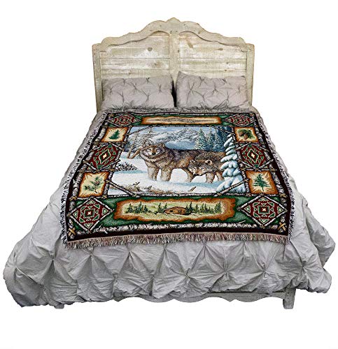 72x54 Wolf Lodge Blanket - Cotton Woven Tapestry Throw - Made in USA