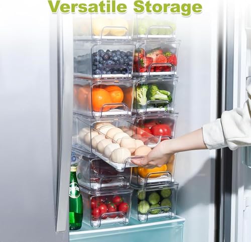 6-Pack Clear Fridge Organizer Bins with Drain Tray - Stackable, Food Storage Containers