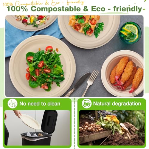 Disposable Compostable Paper Plates and Bowls Set - 7 in, 9 in, 12 oz - 150 Pack