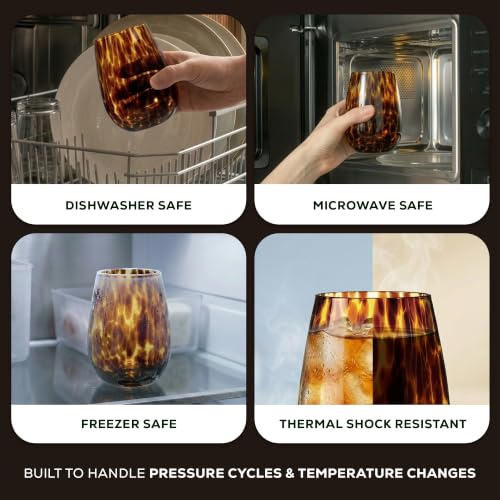 Tortoise Shell Stemless Wine & Water Glass Set - 4 Pack, 16.91 oz Borosilicate Drinkware