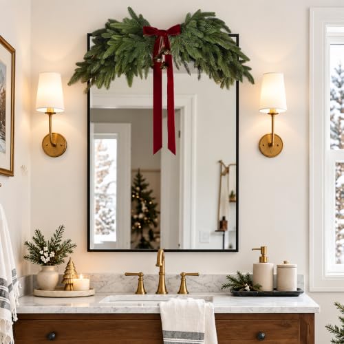 Christmas Garland with Red Velvet Bow and Bells, Artificial Pine