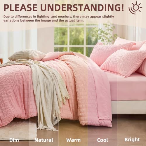 FUANNA Queen Comforter Set 7 Pieces Pink Seersucker Bed in a Bag - Variation 01