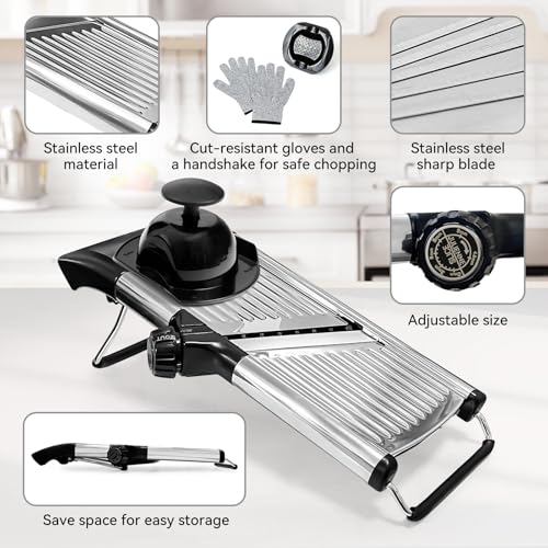 XAYCDEHN PRO Mandoline Slicer Black - Adjustable Stainless Steel Food Cutter with Safety Gloves