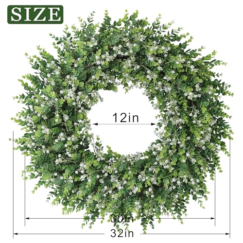 32-Inch Artificial Eucalyptus Wreath with Flowers for Front Door - White-Green, FOTEEWL