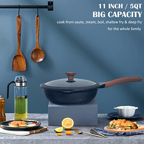 Nonstick Deep Frying Pan Skillet with Lid - 11 Inch, 5 Qt, Ceramic Coating, Heat Indicator