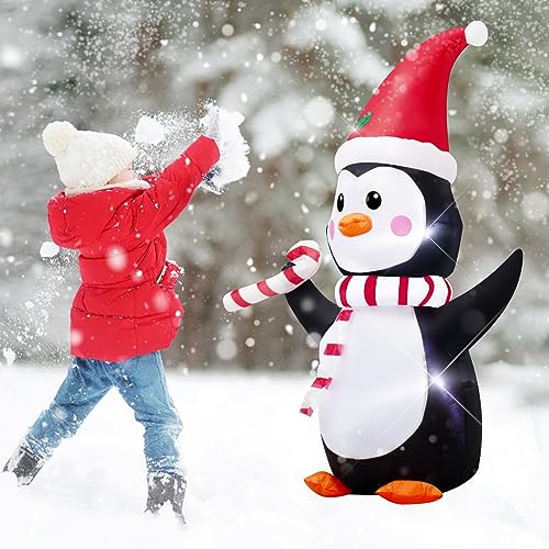 AJY 4FT Inflatable Christmas Penguin with Candy Cane & LED Lights - Holiday Yard Decor