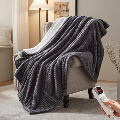 BEARKISS Grey 50x60 Electric Heated Throw Blanket Flannel & Sherpa