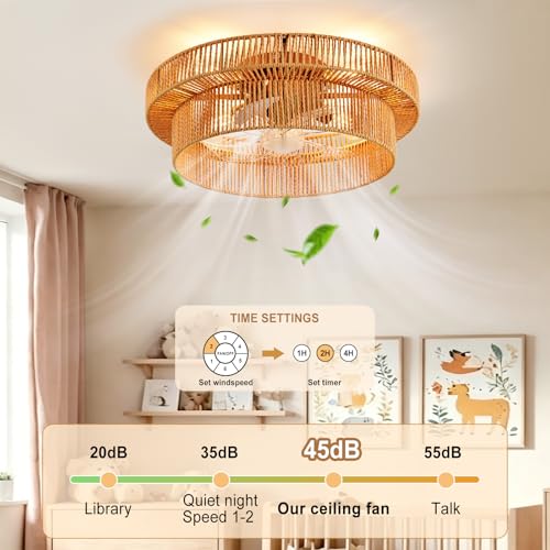 Natural Brown 20 Inch Boho Ceiling Fan with Light and Remote - Reversible 6-Speed Indoor Fandelier