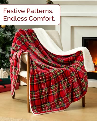 Christmas Sherpa Blanket Throw Size 50x60 Reversible Plaid Holiday Decor - CGK Unlimited