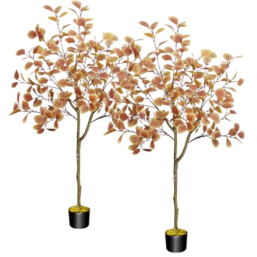 5FT Fall Trees - 2pcs Autumn Eucalyptus Artificial Trees for Porch Decor - Orange Variation