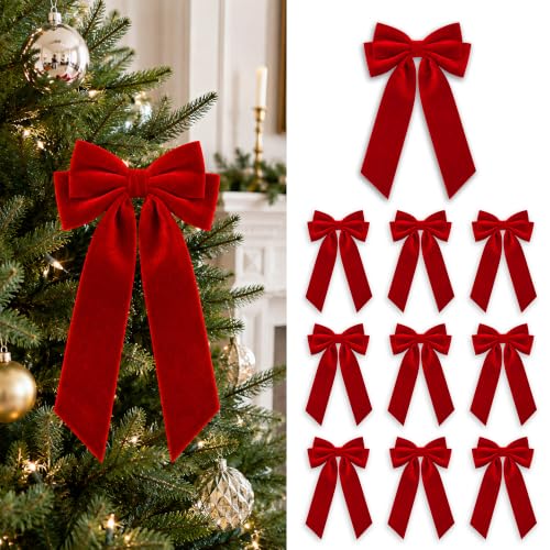 Senjie Velvet Christmas Bows 2" Wide, Red, 10-Pack – Pre-Tied Decorative Tree Garland Wreath