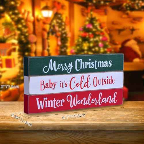 Rustic Wooden Christmas Sign Blocks, 3pcs Farmhouse Decorations Indoor, Tiered Tray Decor, Xmas Centerpiece, Merry Christmas Wood Signs for Home Desk Office Bedroom Shelf (3pcs)