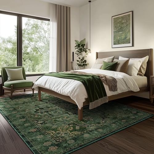 Jainmy 6x9 Dark Green Traditional Area Rug with Medallion Pattern, Low Pile, Non-Slip, Washable for Living Room & Bedroom