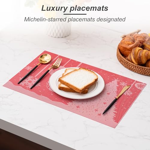 CADONO Christmas Tree Red Set of 6 Washable Placemat for Holiday Dining