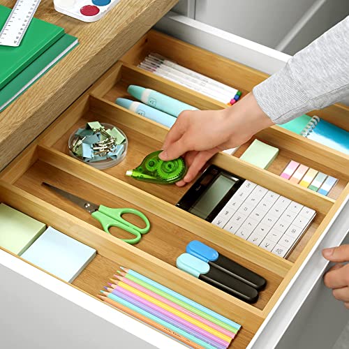 Natural Bamboo Kitchen Drawer Organizer - 5 Slot Silverware & Utensil Tray, Expandable, Durable