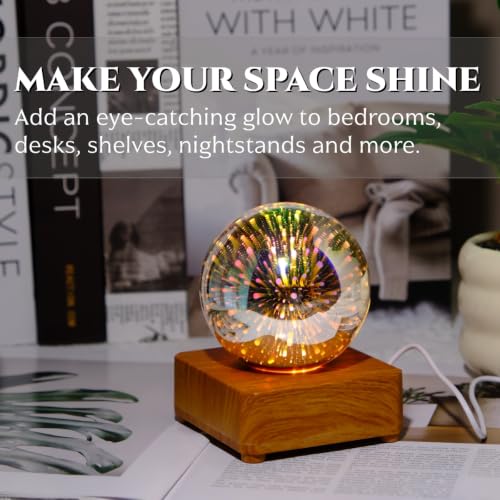 3D Fireworks Glass Ball Night Light - 7-Color Changing Table Lamp with Wooden Base | HOWORR
