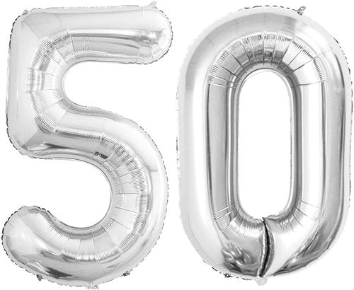 GOER 50th Birthday Balloons - 42 Inch Jumbo Silver Foil Helium Decorations for Anniversary Celebrations