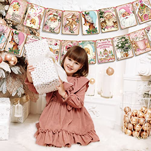 Pink Christmas Banner Garland with Santa, Reindeer & Merry Christmas Letters
