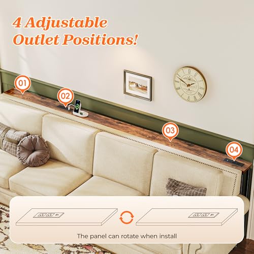 SUPERJARE 102 Inch Rustic Brown Sofa Table with 2 Power Outlets & USB-C Ports - 5.9" Wide