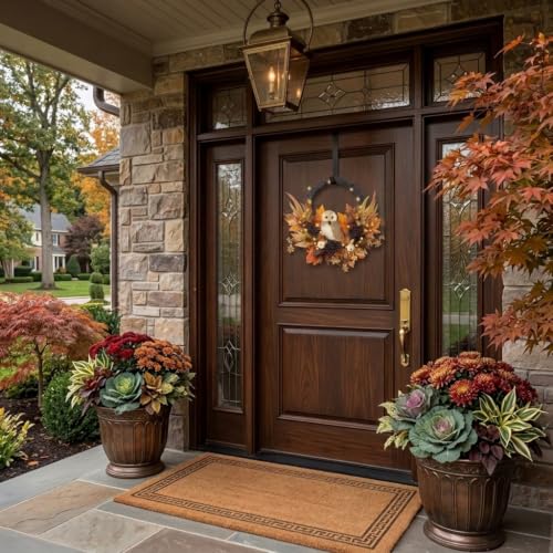 Valery Madelyn 24-Inch Collapsible Fall Wreath with Owl & Pumpkin for Front Door