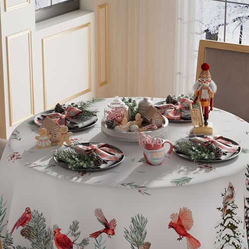 XCHI 70x70 Inch Round Winter Pine Tree Christmas Tablecloth - Washable Home Decor