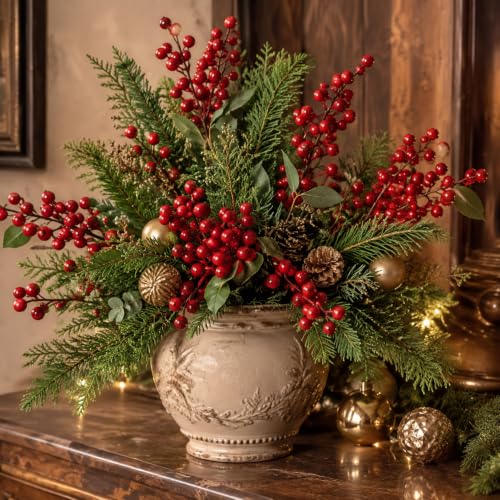 Cindeer Classic 24Pcs Artificial Red Berries Holly Stem Decor for Christmas