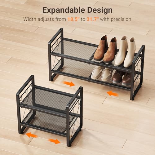 Black Expandable 2-Tier Metal Shoe Rack, Adjustable Closet Organizer