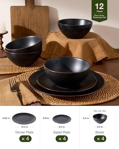 Famiware Black 12-Piece Stoneware Dinnerware Set for 4 - Plates & Bowls