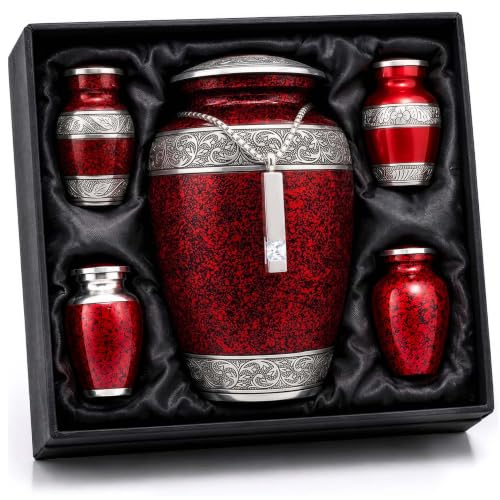 Solace Forever Red Cremation Urn Set of 6 for Adults - Includes Large & Keepsake Urns + Necklace
