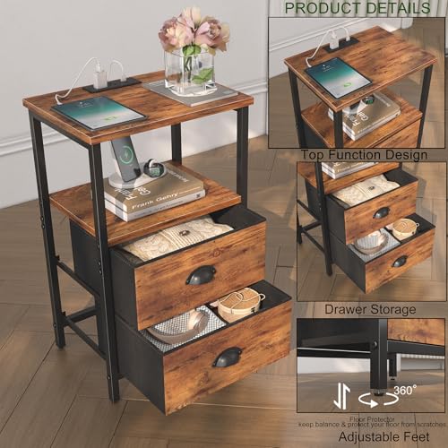 Rustic Brown Nightstand Set of 2 with LED Light & Charging Station - Industrial Bedside Tables with Fabric Drawers, 3-Tier Storage