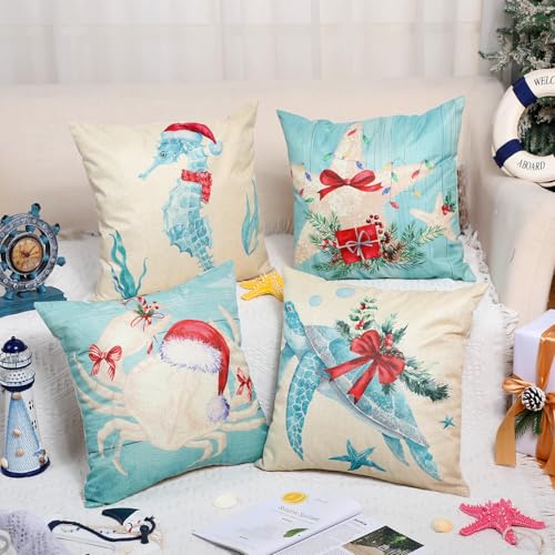 4 Pcs Christmas Sealife Coastal Pillow Covers Coastal Christmas Decoration Linen Throw Pillow Covers Sea Ocean Nautical Decorative Pillowcase for Couch Outdoor Sofa Living Room (20 Inch)