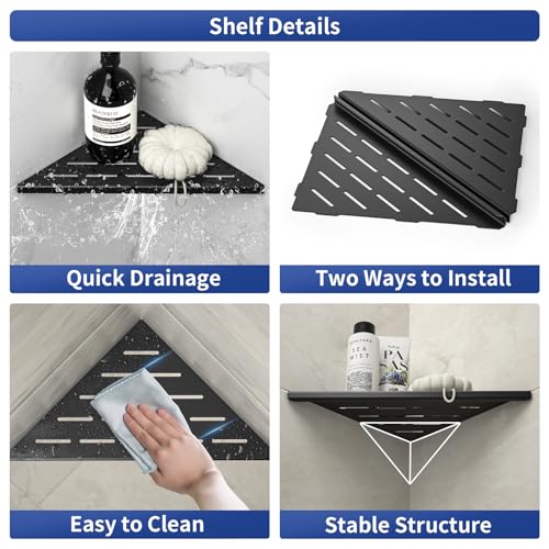 Matte Black Corner Shower Shelf 10-Inch Stainless Steel 2 Pack - No Drill