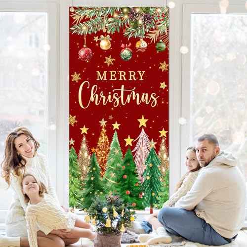 Christmas Door Cover Christmas Tree Door Cover Red and Green Xmas Door Decorations Xmas Door Banner Photo Booth Props for Wall Party