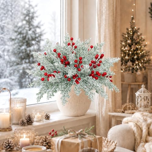 christmas artificial snow pine branches 60 pcs with red berry stems - 11in snowy Norfolk pine for wreaths & arrangements (white red / 60pcs)