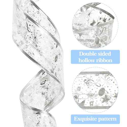 Ouddy Life 32ft Christmas Ribbon Fairy Lights, 100 LED Lights Silver Ribbon for Christmas Tree Wired Double Layer Mesh, Outdoor Indoor New Year Holiday Christmas Tree Decorations Wrapping Xmas Garland