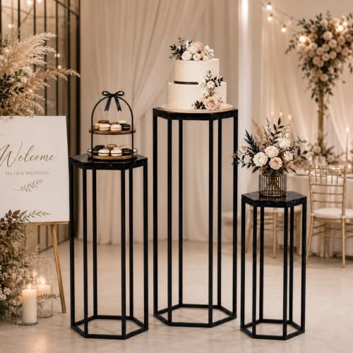 Urban Deco Set of 3 Black Hexagon Metal & Wooden Marble Party Stands