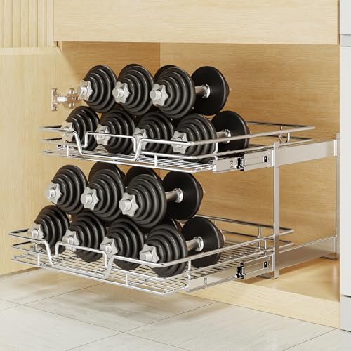 QUYUWU 15" W x 21" D 2-Tier Pull-Out Kitchen Cabinet Shelf Organizer