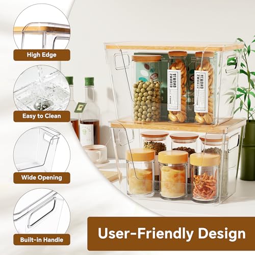 Criusia 4 Pack Large Stackable Pantry Organizers with Bamboo Lids for Kitchen Storage