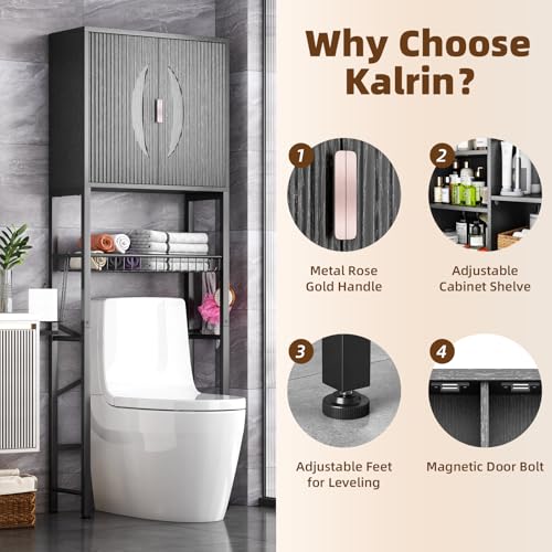 Over The Toilet Storage Cabinet with Fluted Wave Doors and Adjustable Shelves - Black - Freestanding Bathroom Organizer