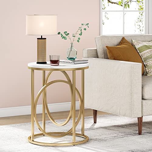 20-Inch Round End Table with Gold O-Shaped Base and Faux Marble Top - Modern Living Room Accent