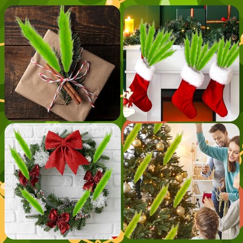 Bosctanuc 12 Pcs Green 14in Furry Pampas Grass Picks Christmas Tree Toppers & Vase Fillers - Lime Green Yuletide Decor (Variant 12)
